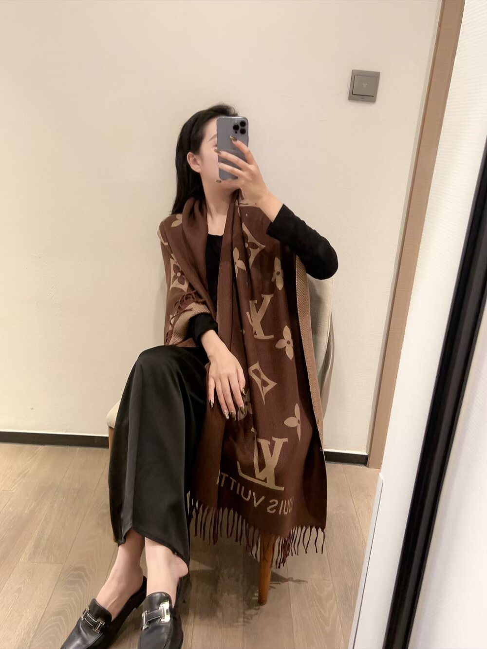 Louis Vuitton Oversized Floral Monogram Fringed Scarf